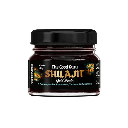 The Good Guru Shilajit Gold Resin with Herbal Blend in a 20g glass jar on a white background.