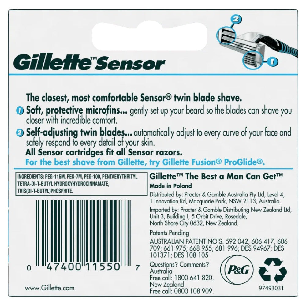 Gillette Sensor Excel Razor Blade Refills 5 Count packaging barcode image