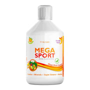 Front image: Swedish Nutra Mega Sport multivitamin liquid orange flavour 500ml bottle