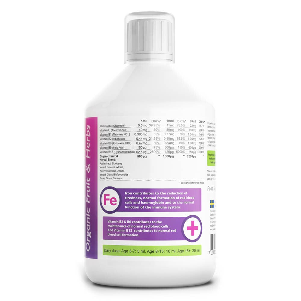 Supplement facts & ingredients image: Swedish Nutra Liquid Iron supplement facts ingredients berry 500ml