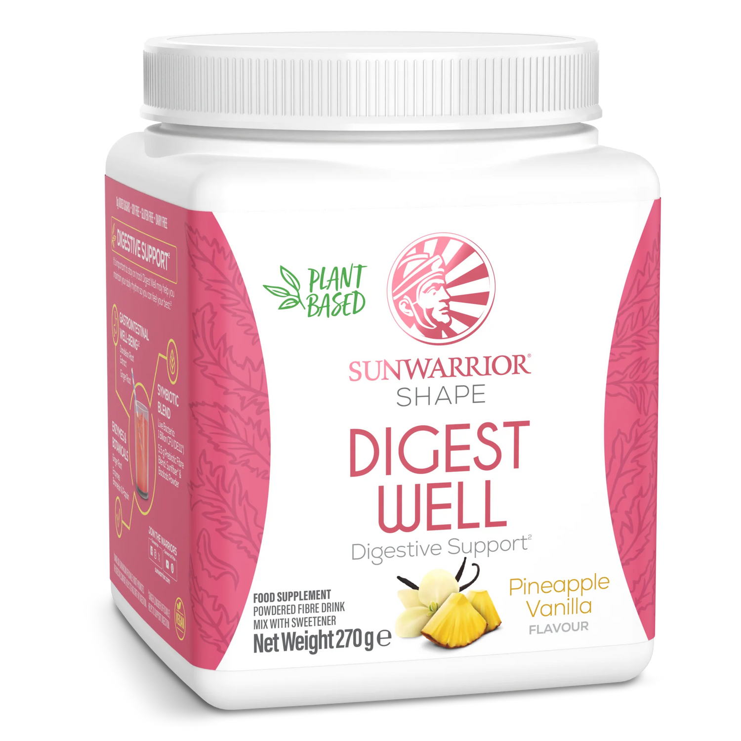 Sunwarrior Shape Digest Well Pineapple Vanilla plant based drink mix powder tub 270g