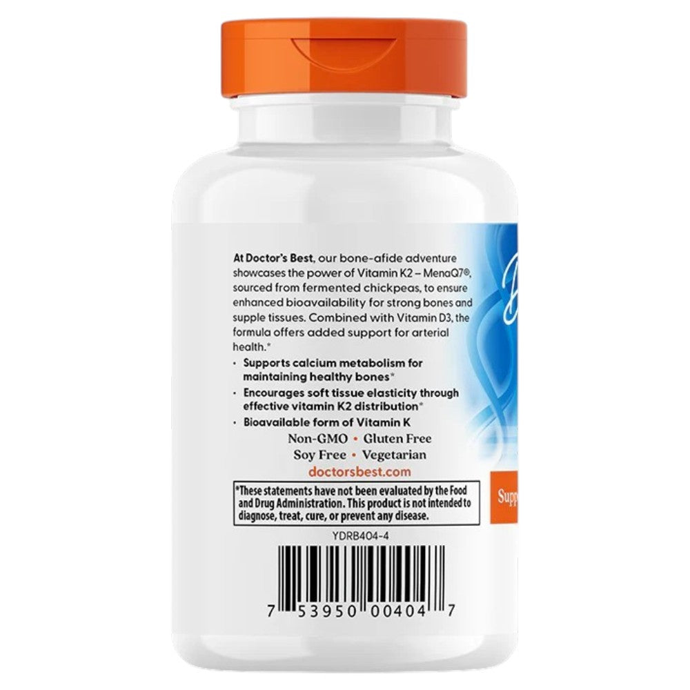 Doctor's Best Natural Vitamin K2 MK-7 plus D3, bottle packaging, unflavoured, 180mcg, 60 veggie capsules, barcode