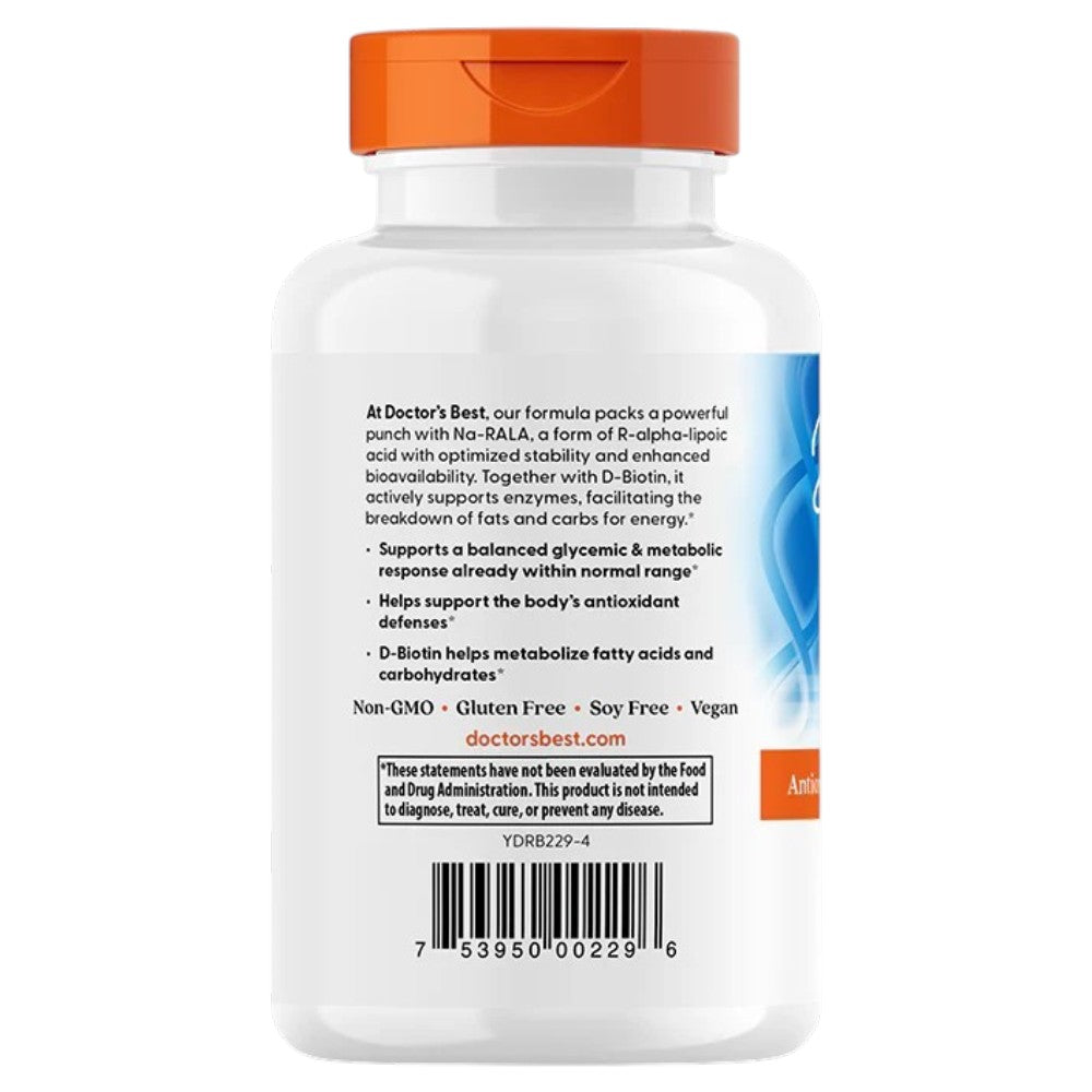 Doctor's Best Stabilized R-Lipoic Acid, bottle packaging, unflavoured, 100mg, 180 veggie capsules, barcode