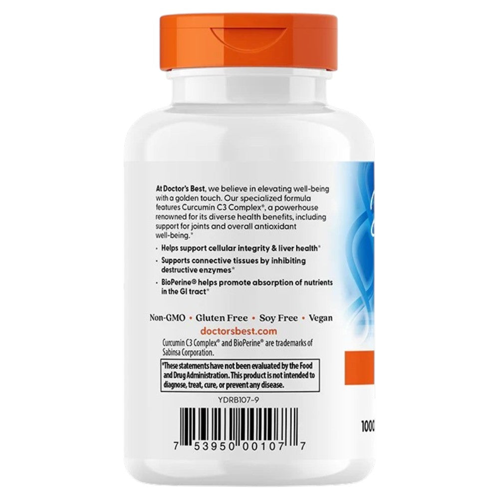 Doctor's Best High Absorption Curcumin, bottle packaging, unflavoured, 1000mg, 120 capsules, barcode