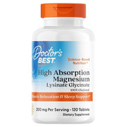 Doctor's Best Magnesium Lysinate Glycinate, bottle packaging, unflavoured, 200mg, 120 tablets