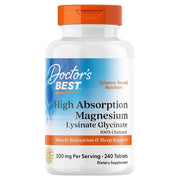 Doctor's Best Magnesium Lysinate Glycinate, bottle packaging, unflavoured, 200mg, 240 tablets