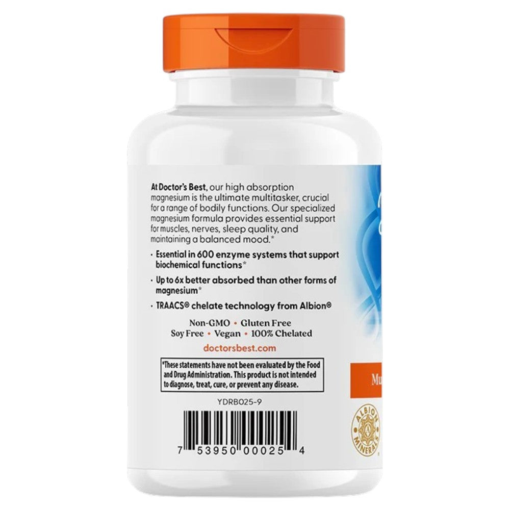 Doctor's Best Magnesium Lysinate Glycinate, bottle packaging, unflavoured, 200mg, 120 tablets, barcode