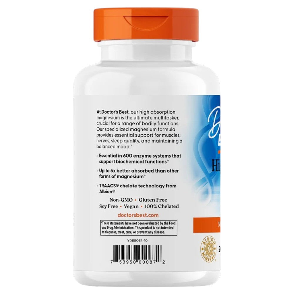 Doctor's Best Magnesium Lysinate Glycinate, bottle packaging, unflavoured, 200mg, 240 tablets, barcode