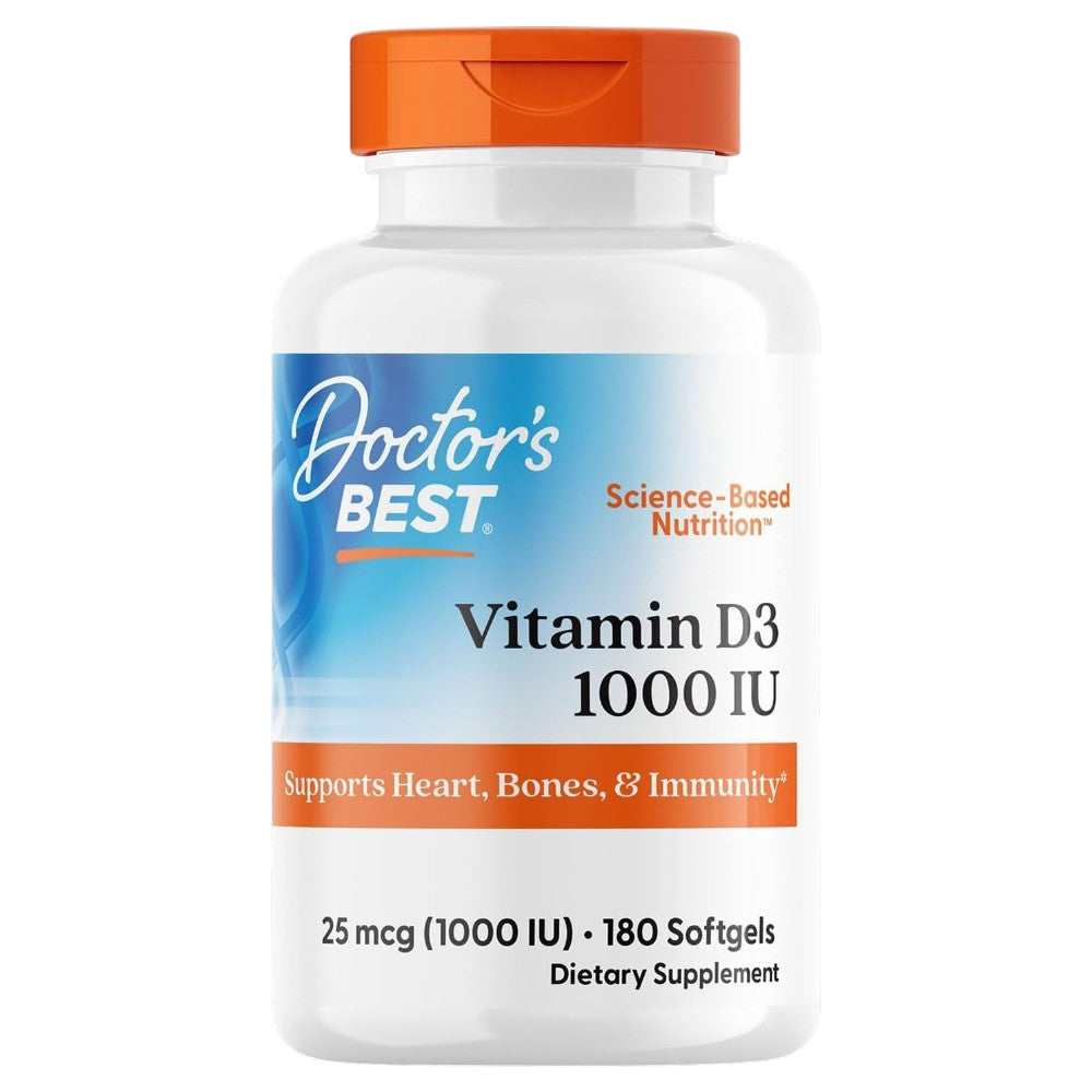 Doctor's Best Vitamin D3, bottle packaging, unflavoured, 1000 IU 25mcg, 180 softgels