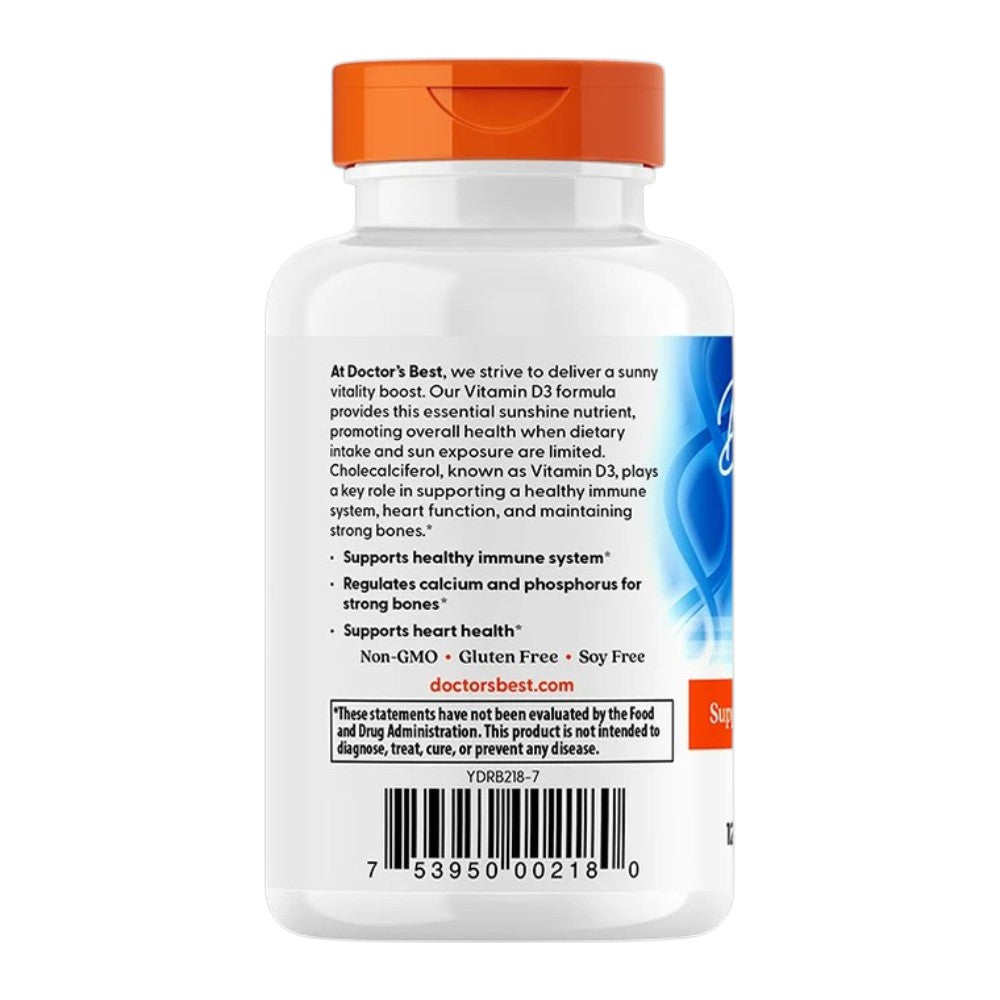 Doctor's Best Vitamin D3, bottle packaging, unflavoured, 5000 IU 125mcg, 180 softgels, barcode