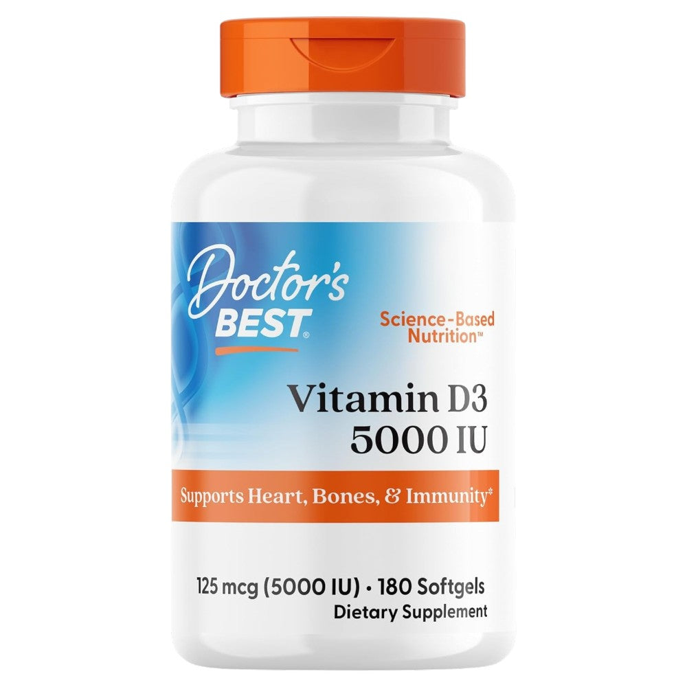 Doctor's Best Vitamin D3, bottle packaging, unflavoured, 5000 IU 125mcg, 180 softgels