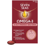 Seven Seas Omega-3 and Gut Friendly Bacteria no flavour capsules 30 count front packaging