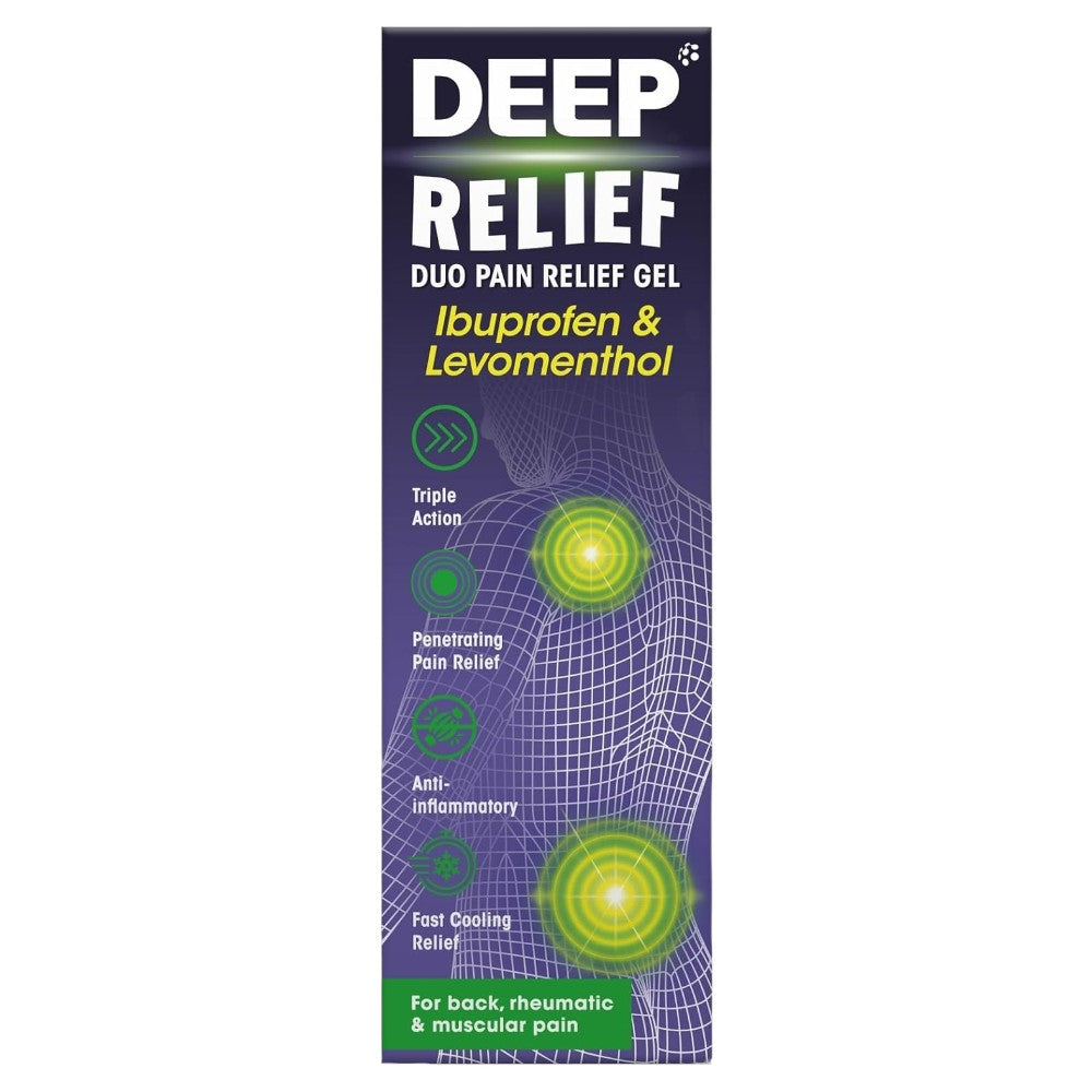 Deep Relief Duo Pain Relief Gel box packaging ibuprofen and levomenthol gel 30g front product image