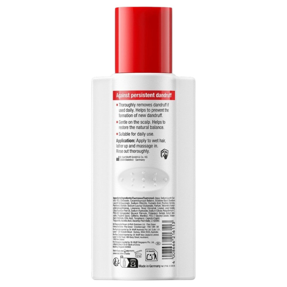 Alpecin Dandruff Killer Shampoo, bottle packaging, no flavour, 250ml, ingredients information & barcode
