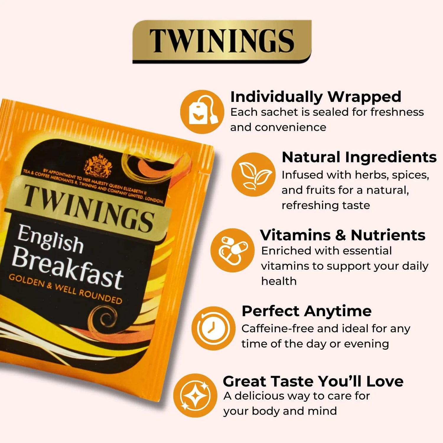 Supplement Facts & Ingredients Image: Twinings English Breakfast black tea ingredients label 300 tea bags pack