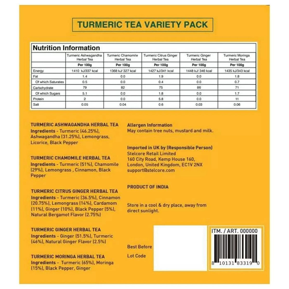 Vahdam India Turmeric Tea Variety Pack, box packaging, herbal tea varieties, 100 tea bags, 180g, ingredients information & barcode