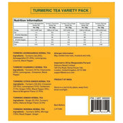 Vahdam India Turmeric Tea Variety Pack, box packaging, herbal tea varieties, 100 tea bags, 180g, ingredients information & barcode