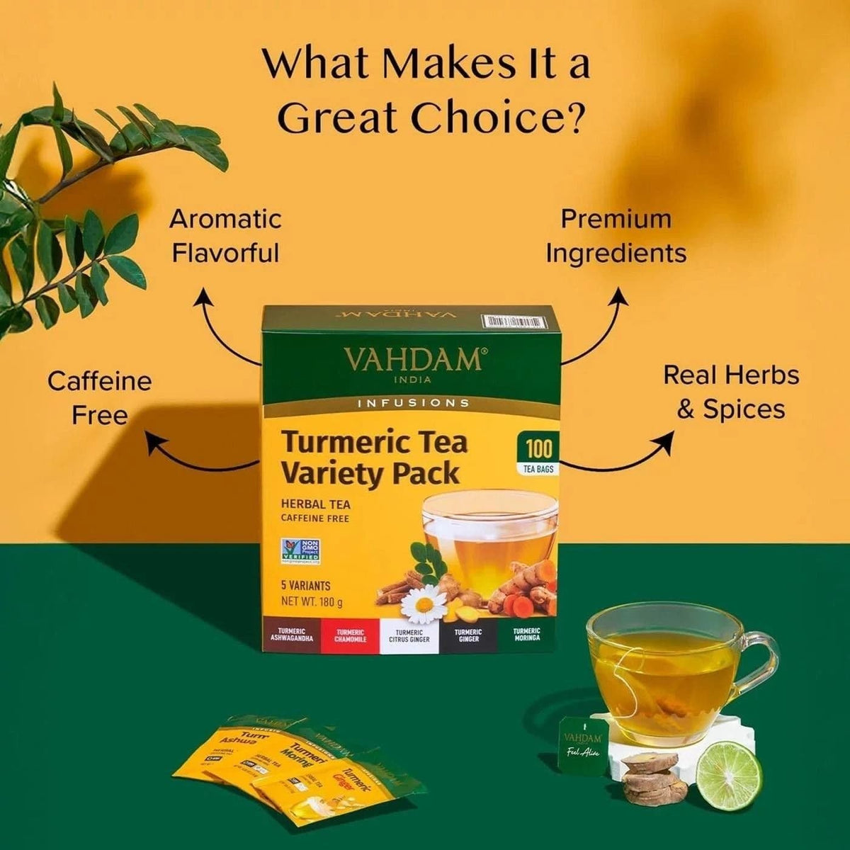 Vahdam India Turmeric Tea Variety Pack, box packaging, herbal tea varieties, 100 tea bags, 180g, prepared herbal tea
