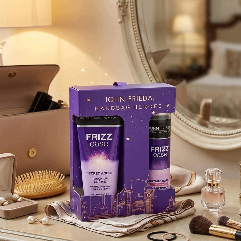 John Frieda Frizz Ease Handbag Heroes hair styling gift set 100ml crème and 75ml hairspray product information