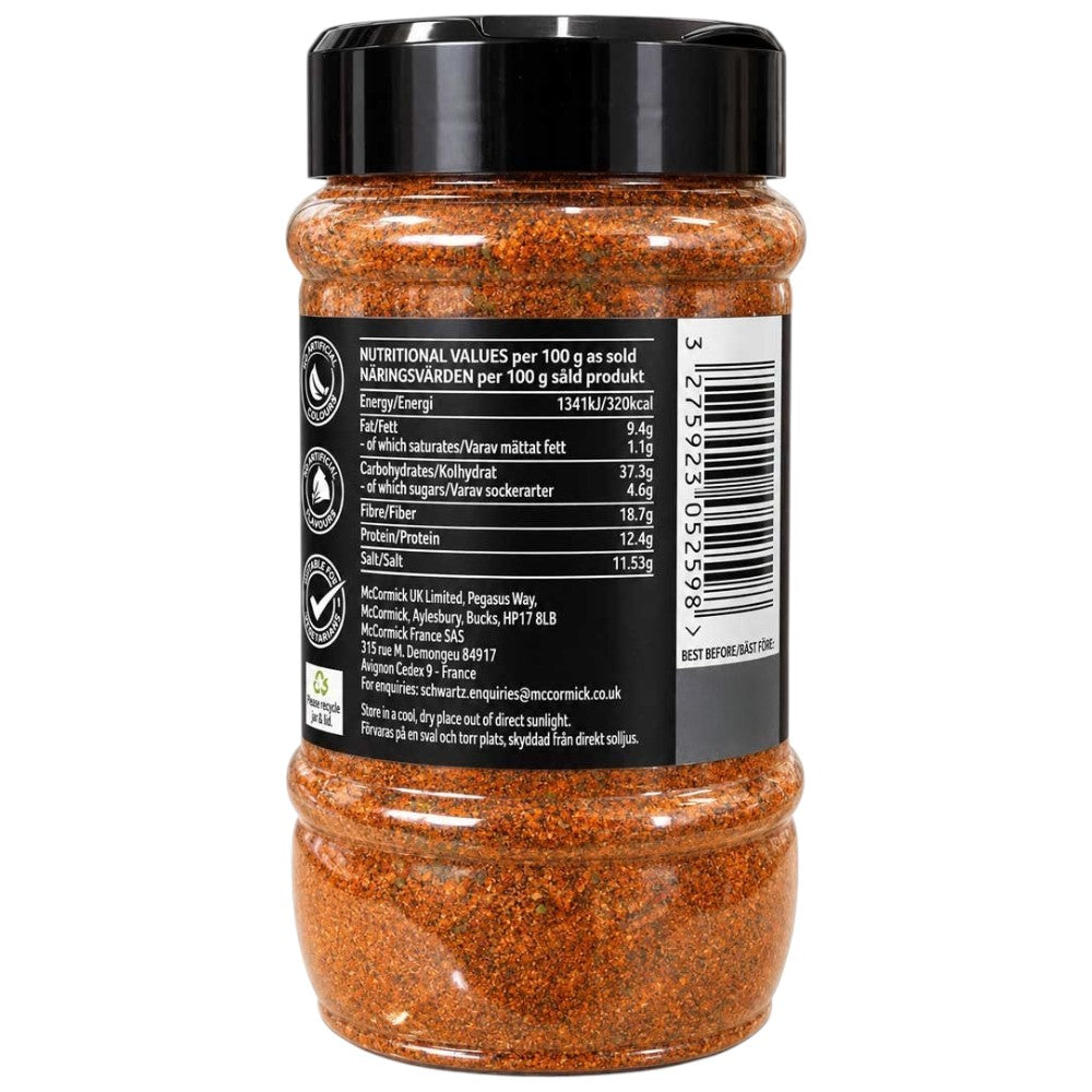 Schwartz Grill Mates Fiery BBQ Seasoning Rub seasoning pouch 243g ingredients image & barcode
