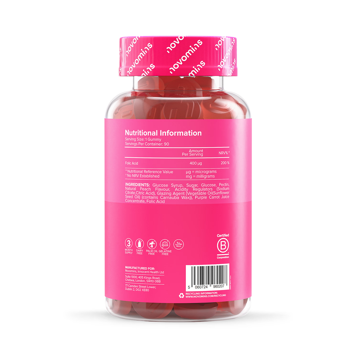 Novomins Folic Acid Gummies 400mcg Peach 90 Count ingredients nutritional label with barcode