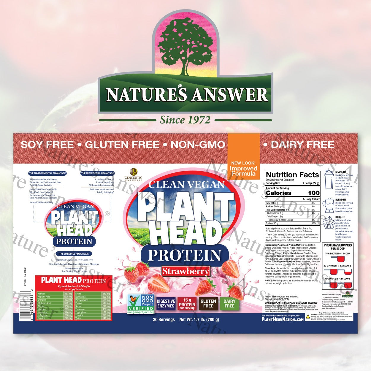 Genceutic Naturals Plant Head vegan protein strawberry powder packaging barcode 780g