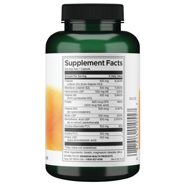 Swanson Balance B-100 Complex 100 Capsules supplement facts ingredients & barcode label bottle 100 capsules