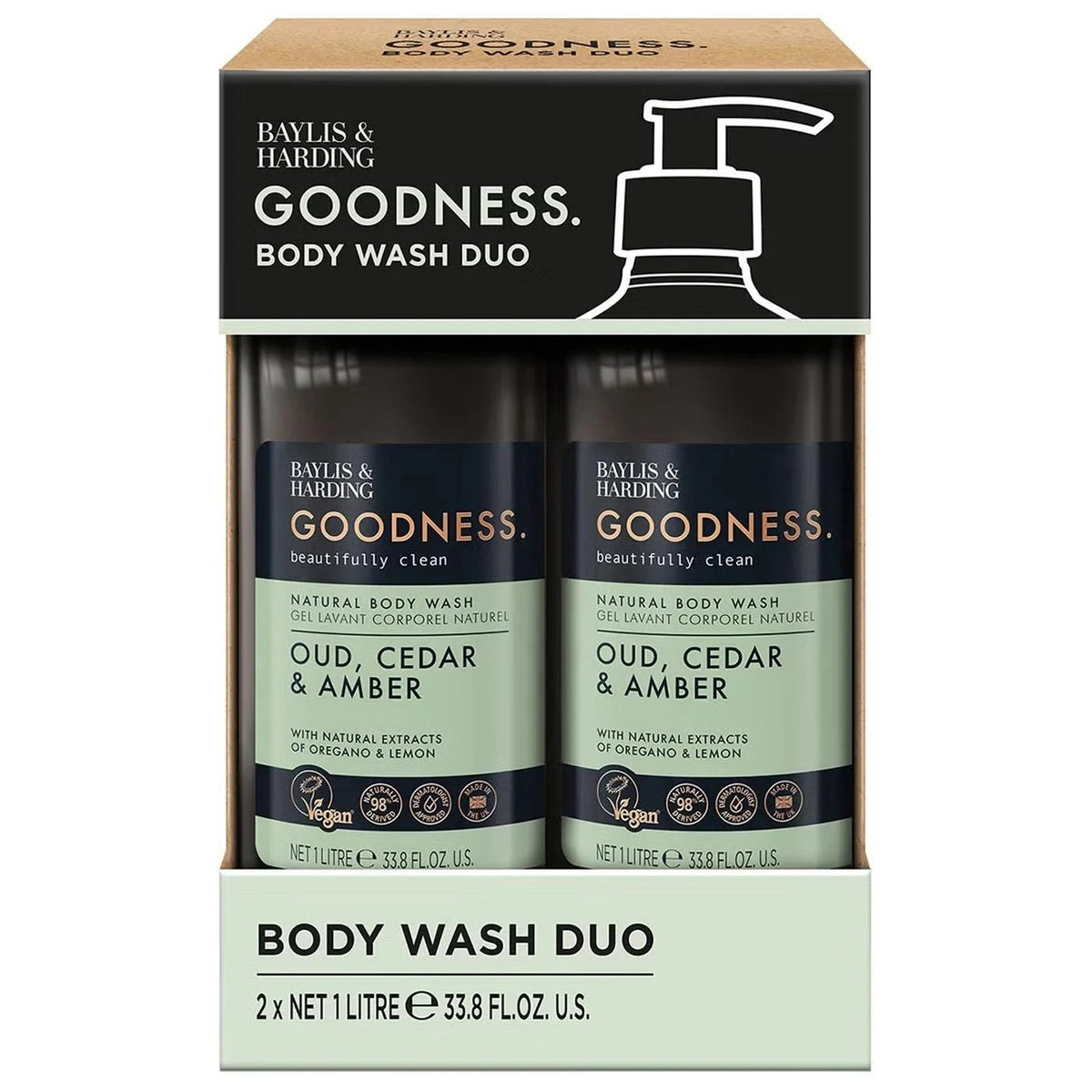 Baylis & Harding Goodness Oud Cedar Amber body wash 1L pump bottles 2 pack front packaging
