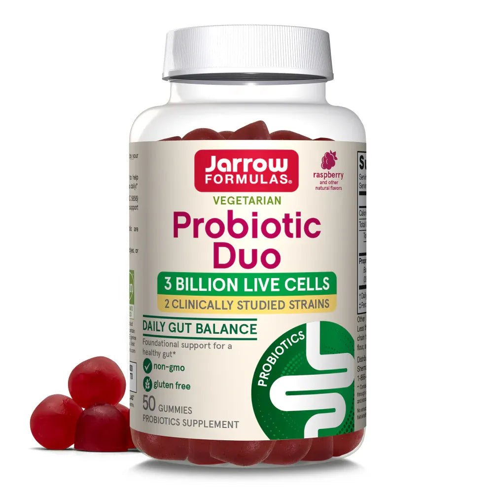 Front Image: Jarrow Formulas probiotic duo gummies raspberry 50 count front packaging bottle