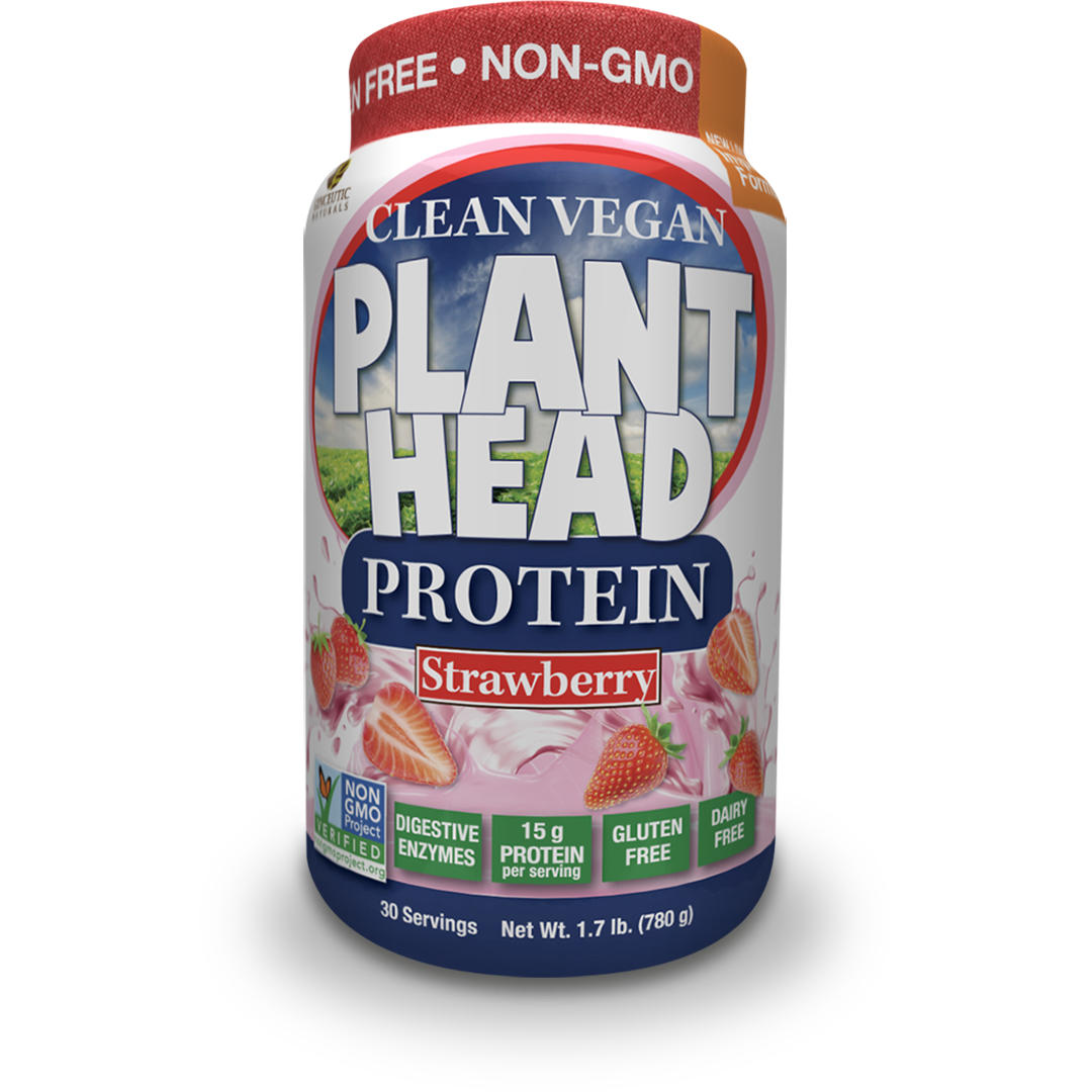Genceutic Naturals Plant Head vegan protein strawberry powder container front label 780g