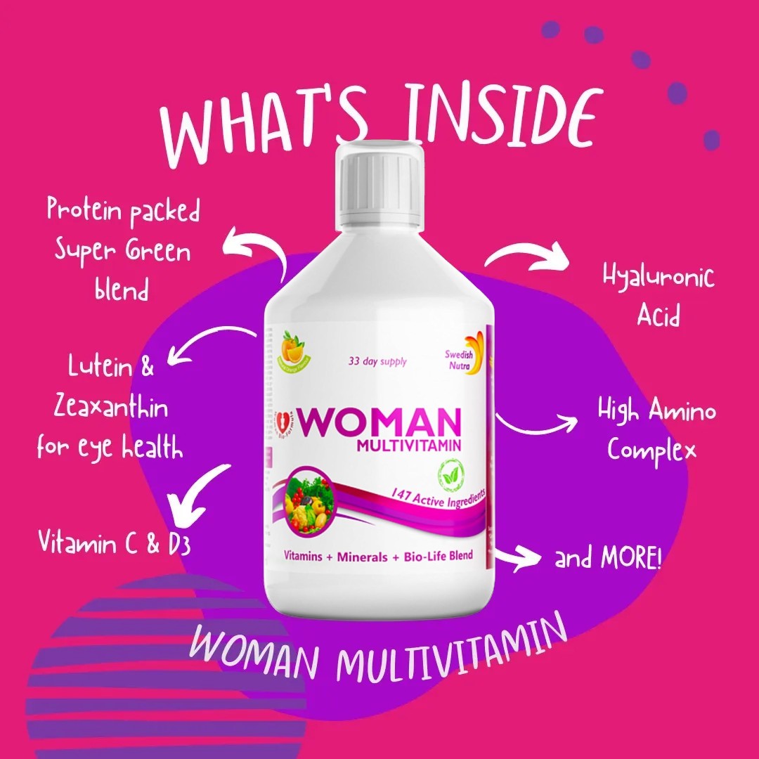 Lifestyle/use image: Swedish Nutra Women multivitamin liquid orange flavour daily use 500ml