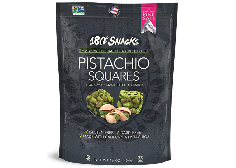 Front image: 180 snacks pistachio squares pink himalayan salt pack 454g single pack