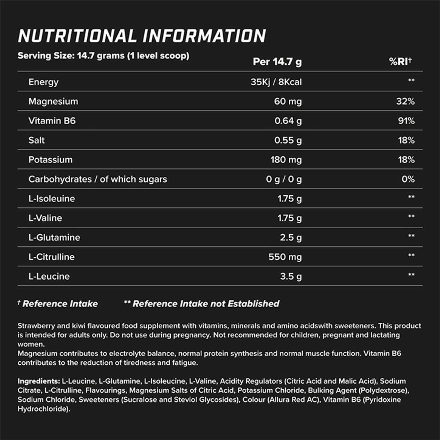 Supplement facts & ingredients image: XTEND Original BCAA Powder Strawberry Kiwi supplement facts ingredients tub powder 441g 30 servings