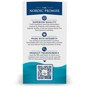A vertical white card with blue and navy branding reading 'THE NORDIC PROMISE' and several text sections, plus a QR code near the bottom, shown on a plain white background.