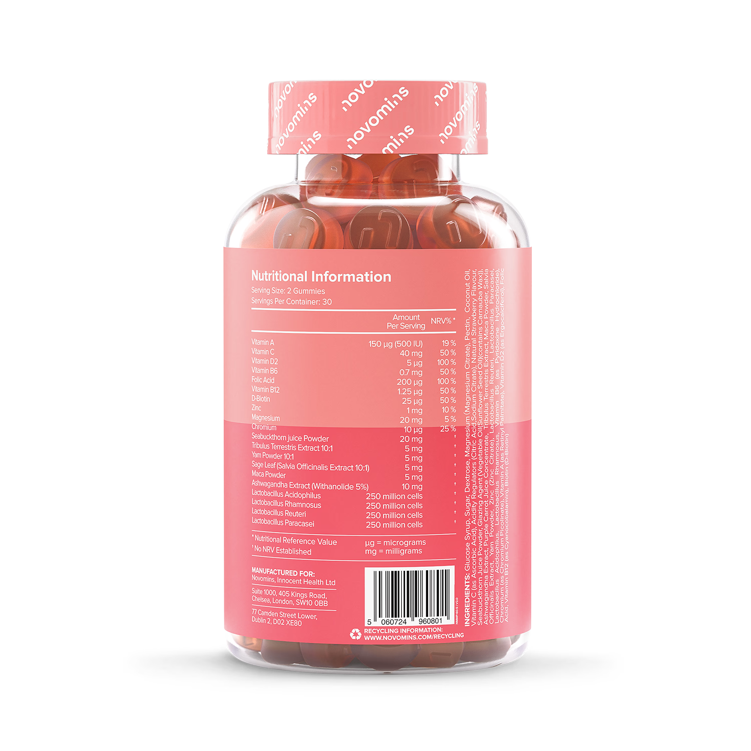 Novomins Menopause Gummies Strawberry 60 Count ingredients nutritional label with barcode
