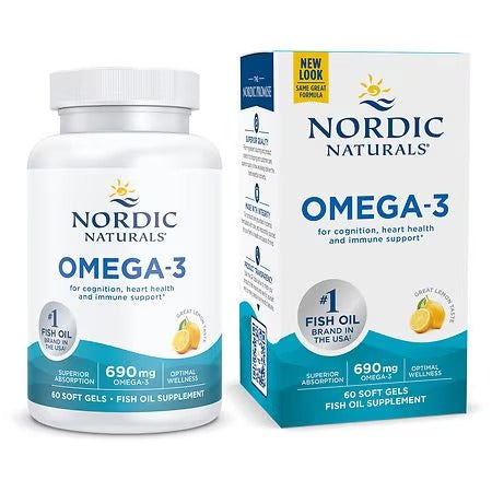 Nordic Naturals Omega-3 fish oil supplement shown as a white plastic bottle next to its retail box packaging, featuring blue and teal branding and a lemon graphic.