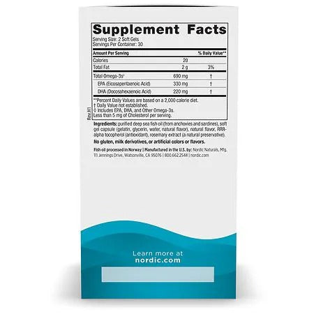 Nordic Naturals supplement facts label for a softgel bottle, showing the back panel with nutrition information and a teal wave design at the bottom.