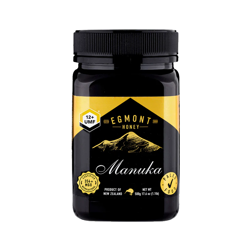 Front image: Egmont Manuka honey UMF 12 plus jar 1kg single pack