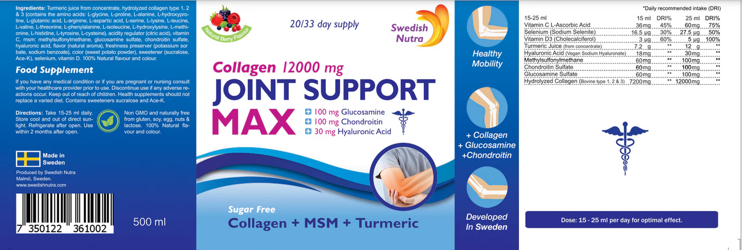 Barcode image: Swedish Nutra collagen joint support MAX liquid 500ml barcode packaging