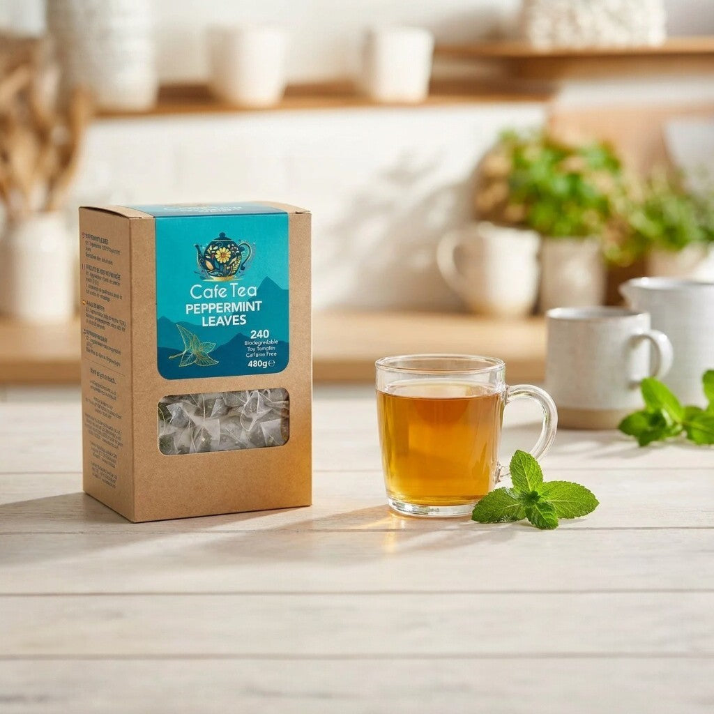 Cafe Tea peppermint herbal tea bags 240 count prepared peppermint tea cup lifestyle
