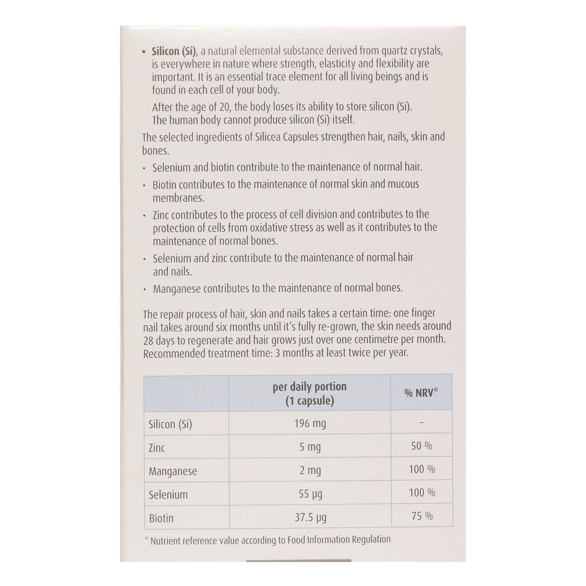 Hübner Silicea Hair Skin Nails & Bones food supplement capsule box 30 capsules supplement facts and ingredients