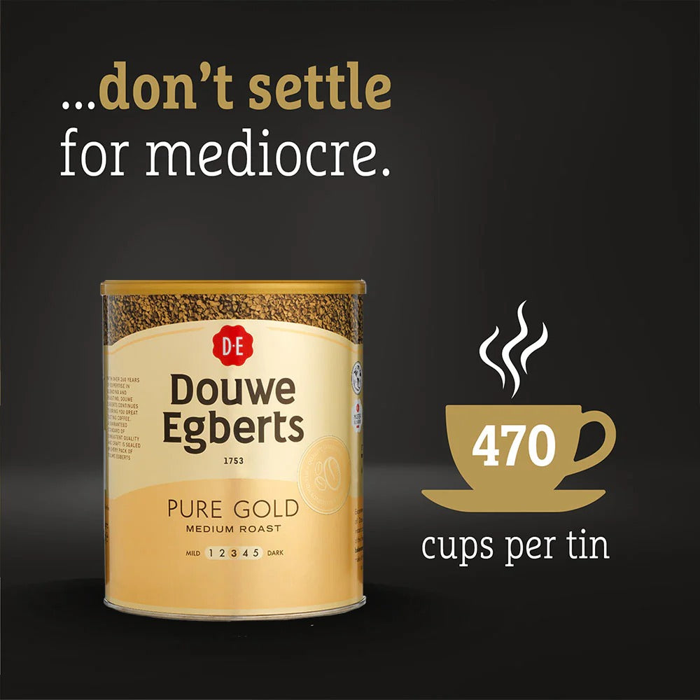 How to Use Image: Douwe Egberts Pure Gold instant coffee granules 750g preparation mixing with hot water in mug