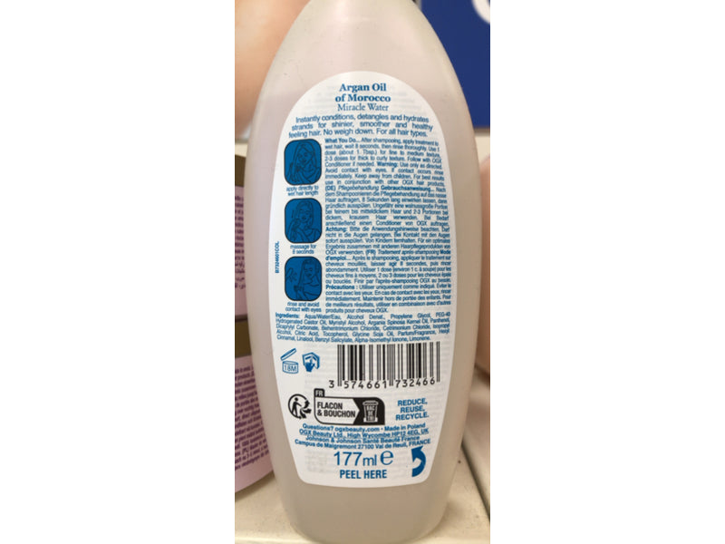 OGX Miracle Water conditioning treatment ingredients and directions label