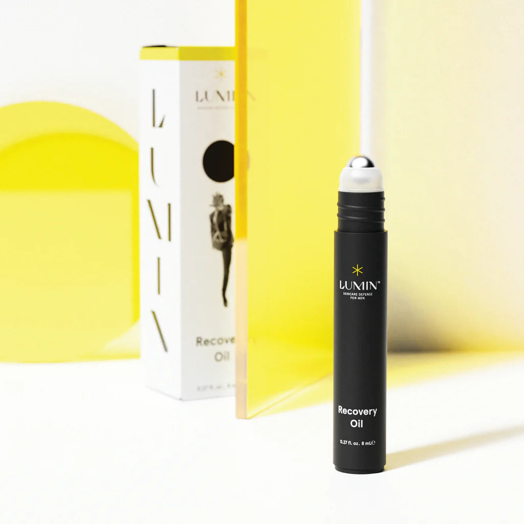 Lumin Recovery Oil Hydration Stick & box, 8mL, on white background.