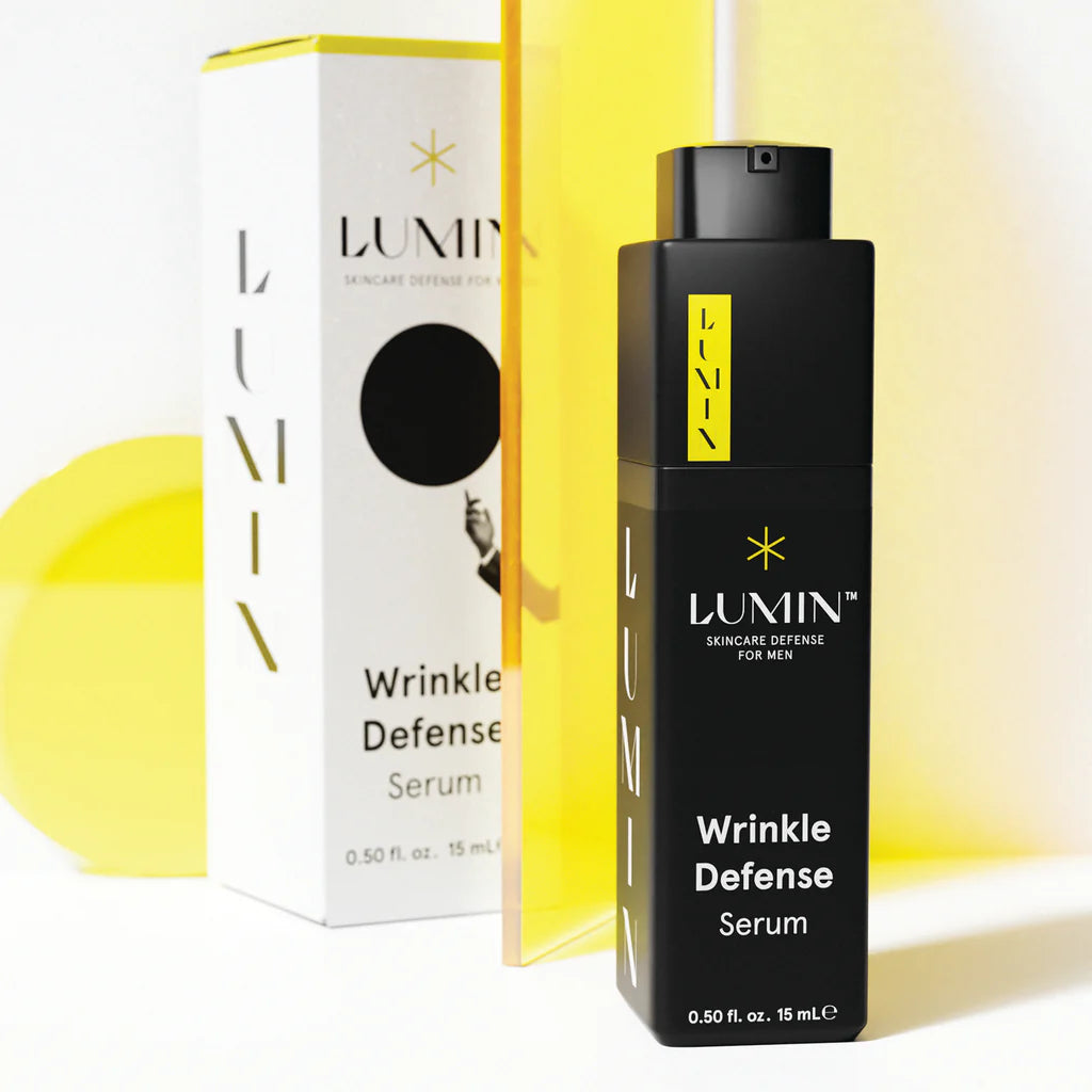 Lumin Daily Defense Face Serum for Men, 15mL bottle & box, on white background.