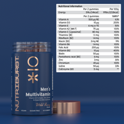 Supplement facts panel for Nutriburst Men's Multivitamin with 16 nutrients.