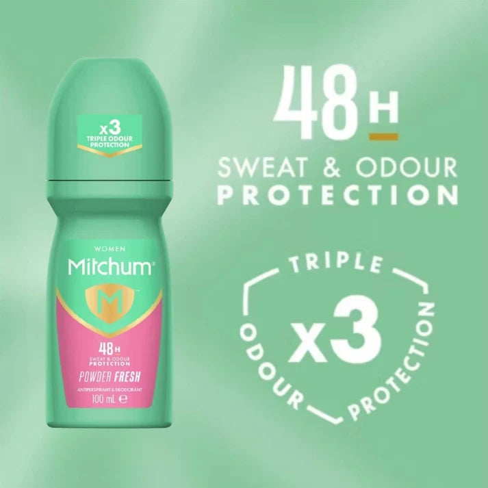Mitchum Women Powder Fresh Antiperspirant Roll On, roll-on bottle packaging, Powder Fresh fragrance, 100ml, product information