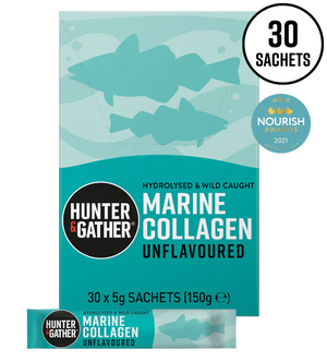 Packaging of Hunter & Gather Marine Collagen with shark illustrations on a light blue background.
