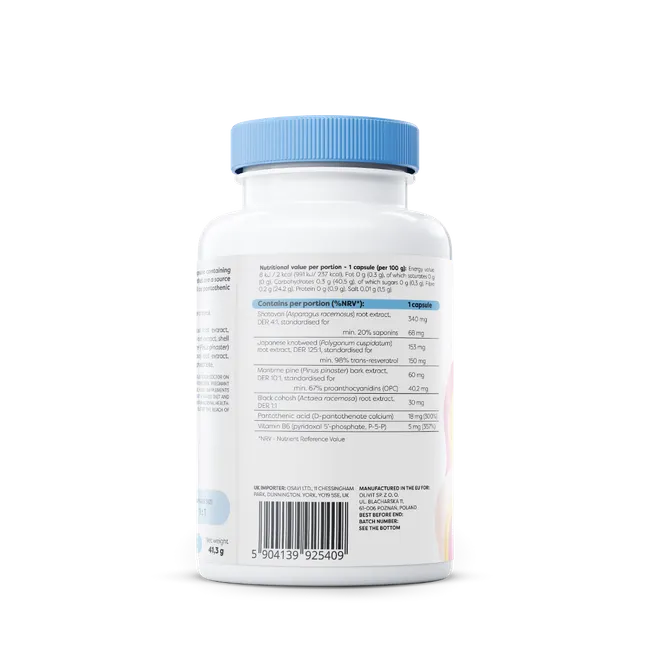 Supplement facts panel and barcode  showing vitamins B5, B6 and herbal extracts.