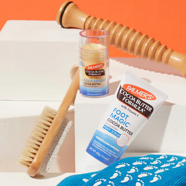 Palmer's Cocoa Butter Formula Foot Magic Heel Repair Stick 25g applied to dry heels during a foot care routine
